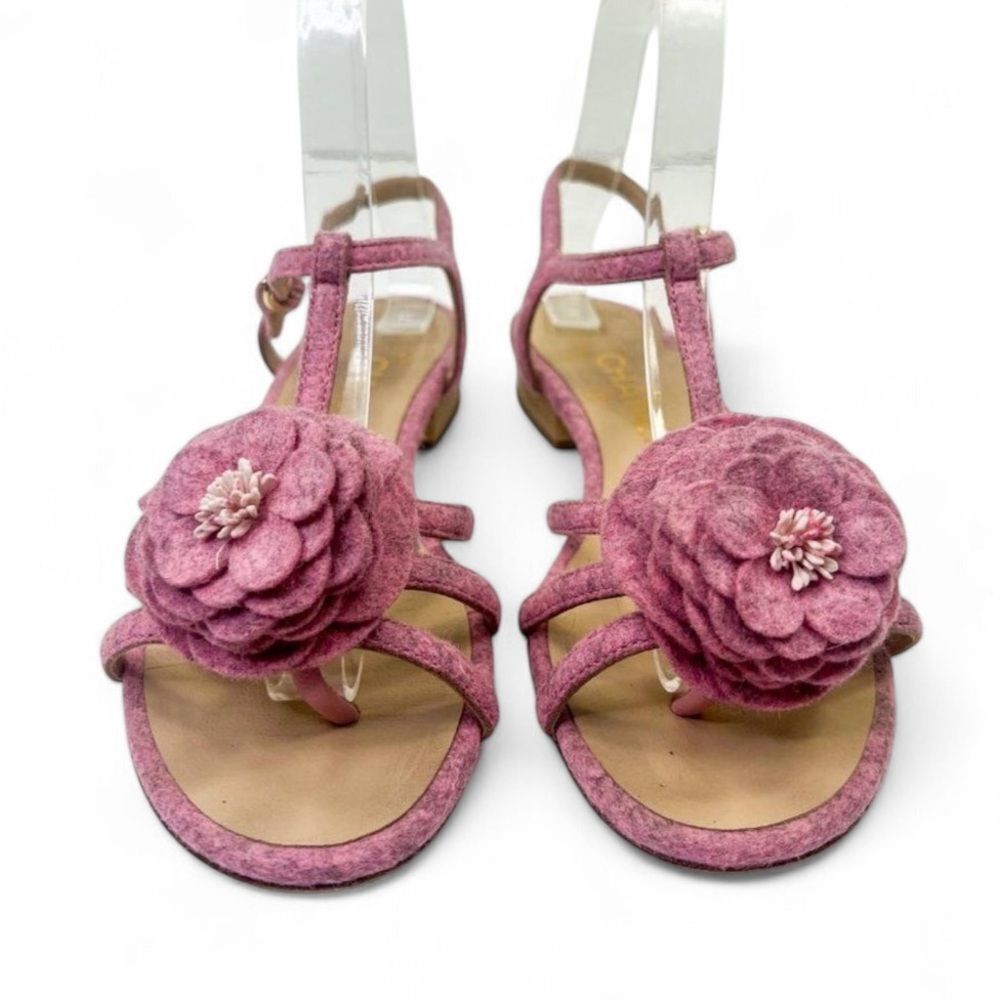 Authentic CHANEL Dusty Pink Tweed CC Logo Camellia Flower Sandals Size E… - Picture 4 of 14